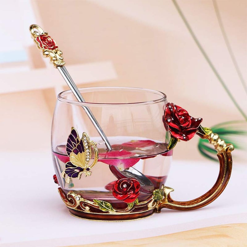 Luka Tech Enamel Butterfly flower Lead-free Glass Coffee Mugs Tea Cup with Steel Spoon, personalised Gifts For Women Wife Mom Girl Teacher Friends Birthday Mothers Valentines Day Wedding (Rose) - Image 2